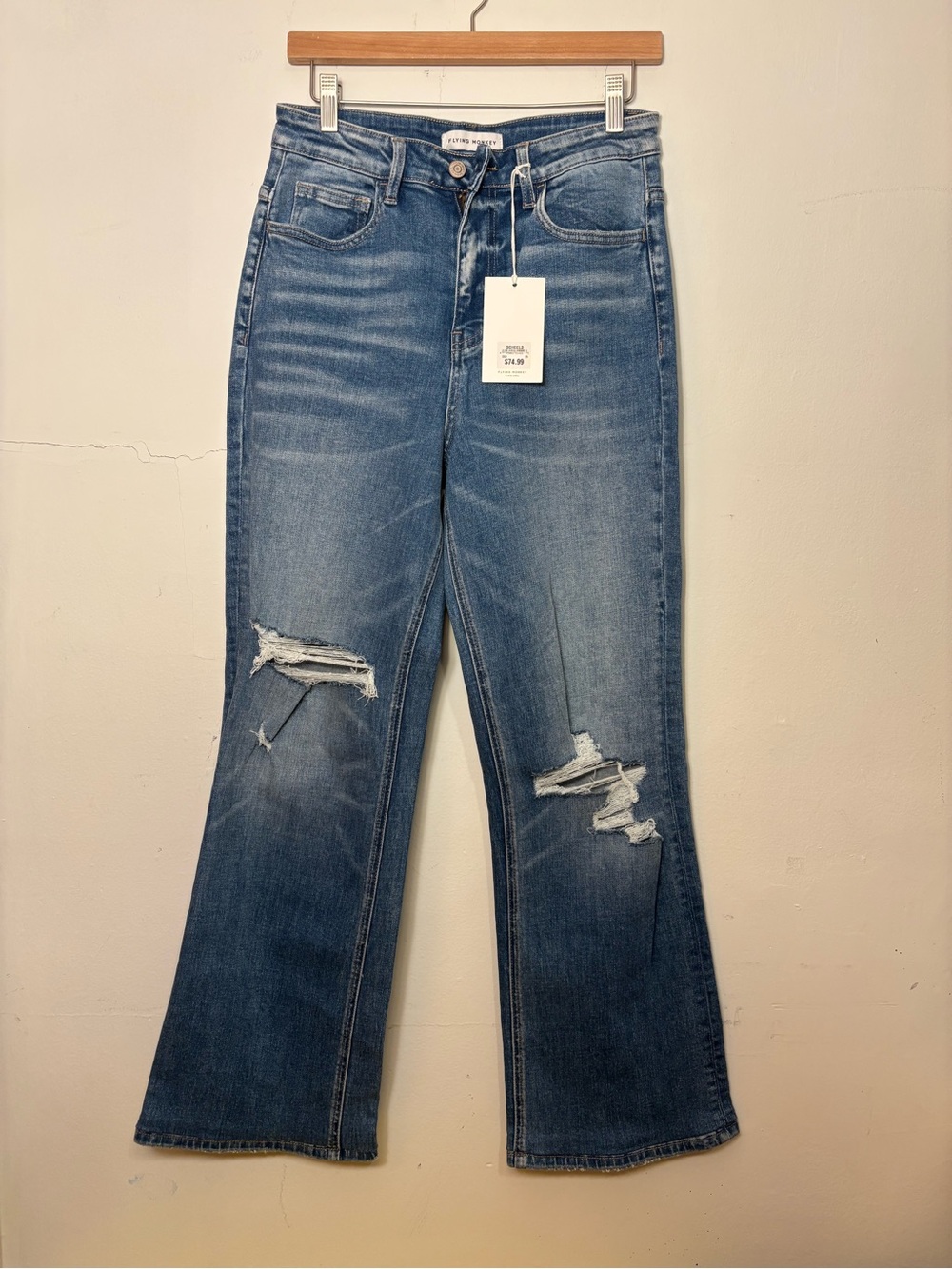 Flying Monkey Mid-Blue Distressed Wide Leg Jeans